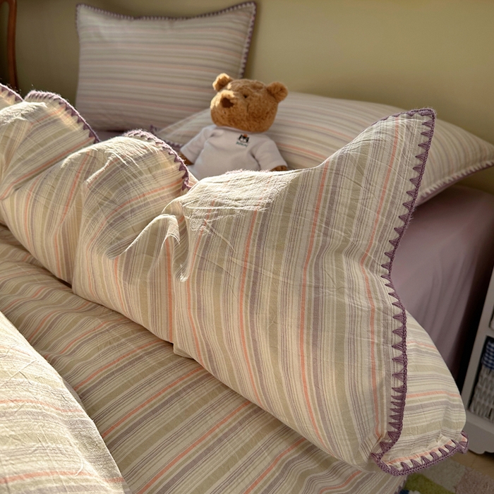 91家纺网 家纺一手货源 找家纺 XIWEN-希文家纺 2026新款40支全棉色织水洗棉贝壳边四件套 小时光-绿