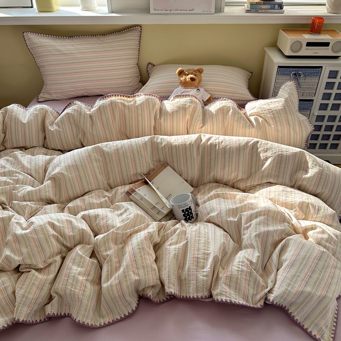 91家纺网 家纺一手货源 找家纺 XIWEN-希文家纺 2026新款40支全棉色织水洗棉贝壳边四件套 小时光-绿