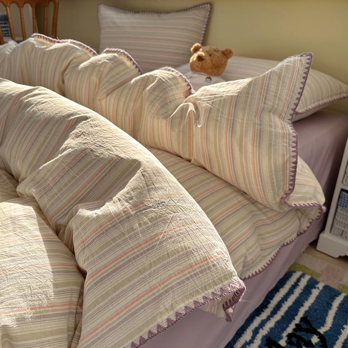 91家纺网 家纺一手货源 找家纺 XIWEN-希文家纺 2026新款40支全棉色织水洗棉贝壳边四件套 小时光-绿