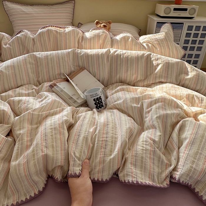 91家纺网 家纺一手货源 找家纺 XIWEN-希文家纺 2026新款40支全棉色织水洗棉贝壳边四件套 小时光-绿