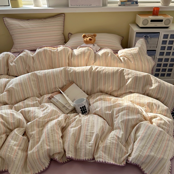 91家纺网 家纺一手货源 找家纺 XIWEN-希文家纺 2026新款40支全棉色织水洗棉贝壳边四件套 小时光-绿