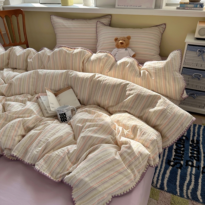 91家纺网 家纺一手货源 找家纺 XIWEN-希文家纺 2026新款40支全棉色织水洗棉贝壳边四件套 小时光-绿