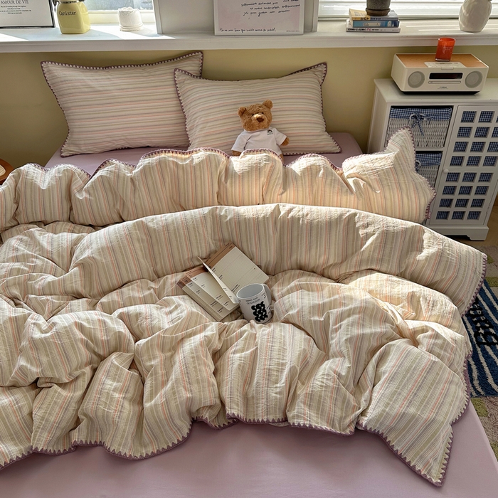 91家纺网 家纺一手货源 找家纺 XIWEN-希文家纺 2026新款40支全棉色织水洗棉贝壳边四件套 小时光-绿