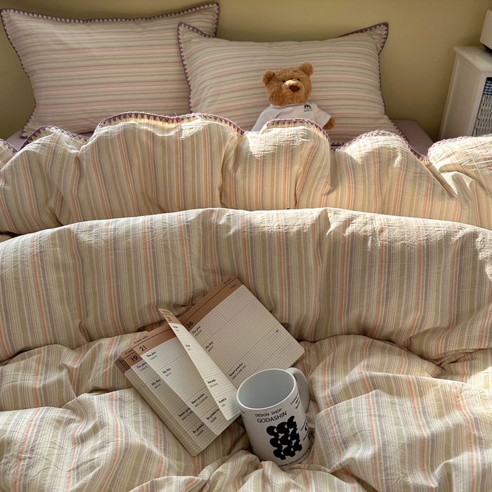 91家纺网 家纺一手货源 找家纺 XIWEN-希文家纺 2026新款40支全棉色织水洗棉贝壳边四件套 小时光-绿