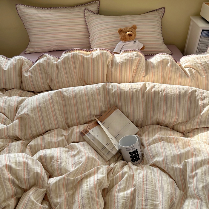 91家纺网 家纺一手货源 找家纺 XIWEN-希文家纺 2026新款40支全棉色织水洗棉贝壳边四件套 小时光-绿