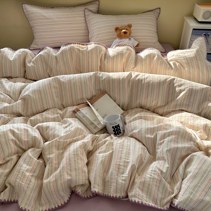 91家纺网 家纺一手货源 找家纺 XIWEN-希文家纺 2026新款40支全棉色织水洗棉贝壳边四件套 小时光-绿