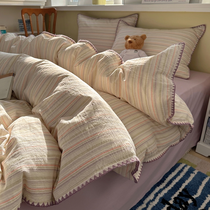 91家纺网 家纺一手货源 找家纺 XIWEN-希文家纺 2026新款40支全棉色织水洗棉贝壳边四件套 小时光-绿