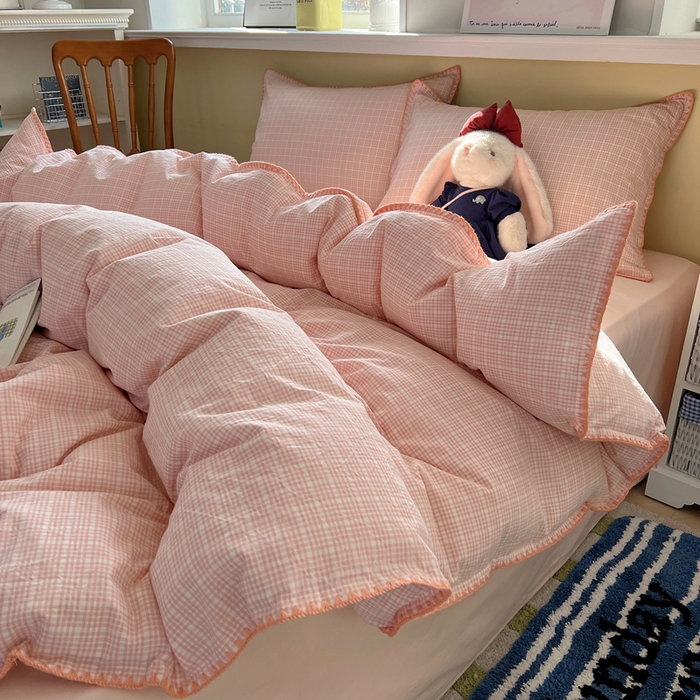 91家纺网 家纺一手货源 找家纺 XIWEN-希文家纺 2026新款40支全棉色织水洗棉贝壳边四件套 叙白-粉