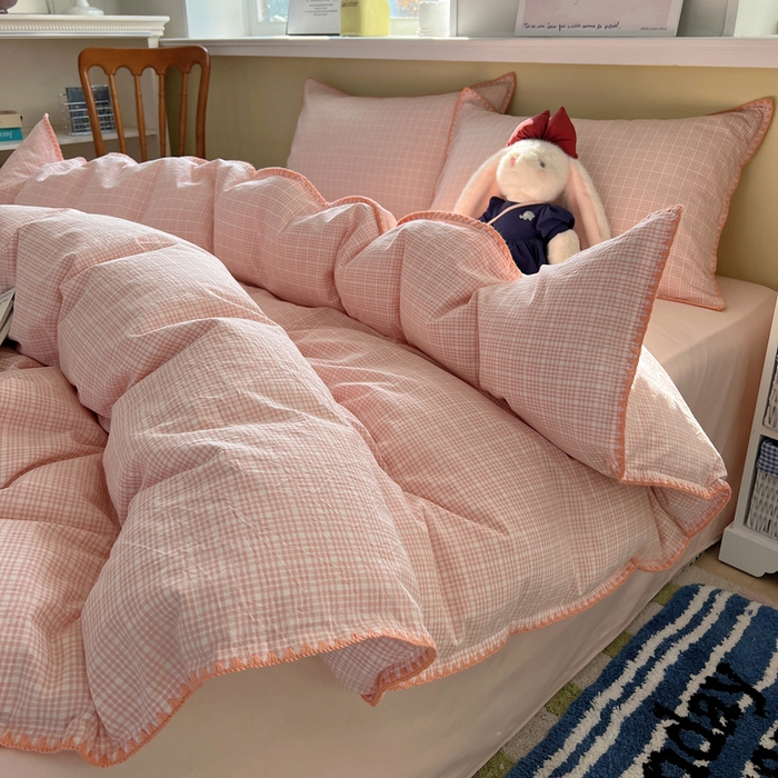 91家纺网 家纺一手货源 找家纺 XIWEN-希文家纺 2026新款40支全棉色织水洗棉贝壳边四件套 叙白-粉