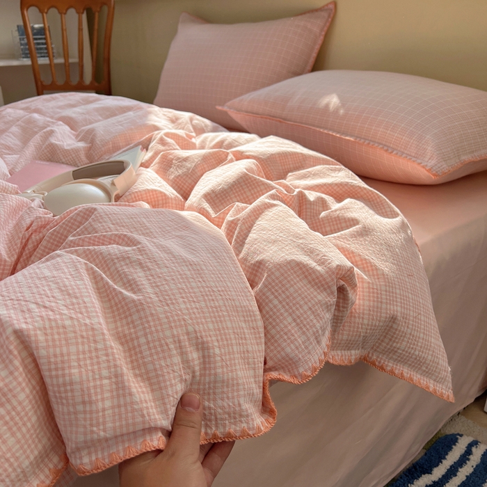 91家纺网 家纺一手货源 找家纺 XIWEN-希文家纺 2026新款40支全棉色织水洗棉贝壳边四件套 叙白-粉