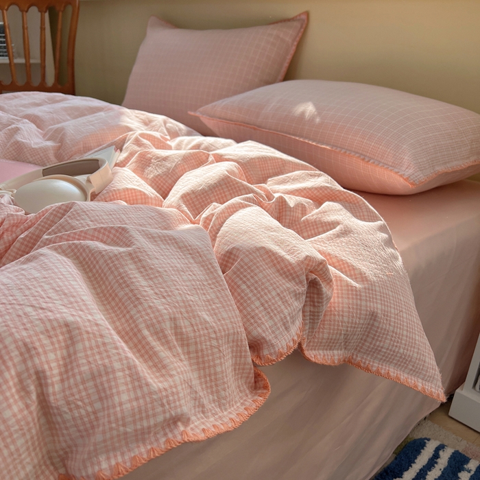 91家纺网 家纺一手货源 找家纺 XIWEN-希文家纺 2026新款40支全棉色织水洗棉贝壳边四件套 叙白-粉