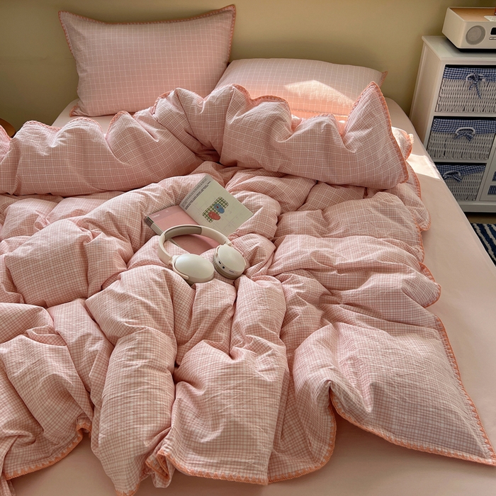 91家纺网 家纺一手货源 找家纺 XIWEN-希文家纺 2026新款40支全棉色织水洗棉贝壳边四件套 叙白-粉