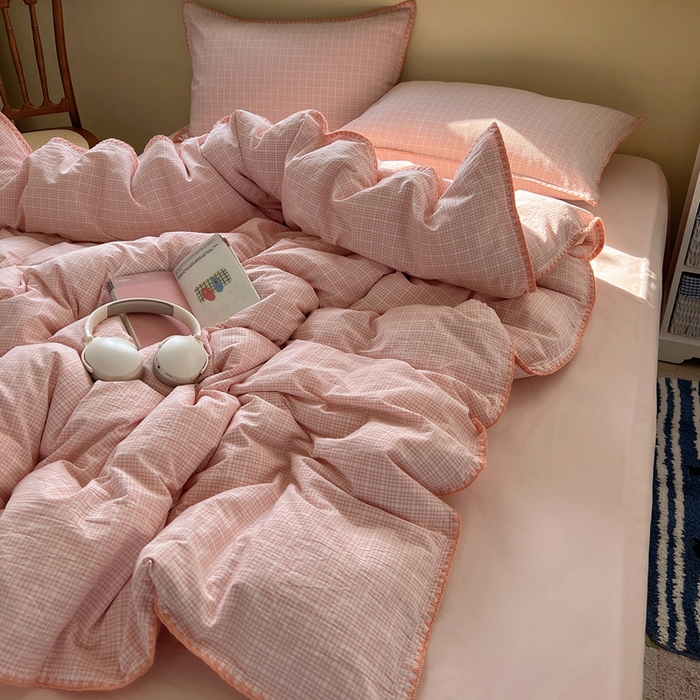 91家纺网 家纺一手货源 找家纺 XIWEN-希文家纺 2026新款40支全棉色织水洗棉贝壳边四件套 叙白-粉