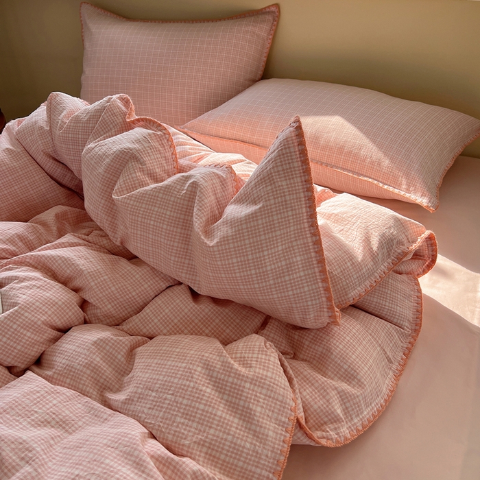 91家纺网 家纺一手货源 找家纺 XIWEN-希文家纺 2026新款40支全棉色织水洗棉贝壳边四件套 叙白-粉