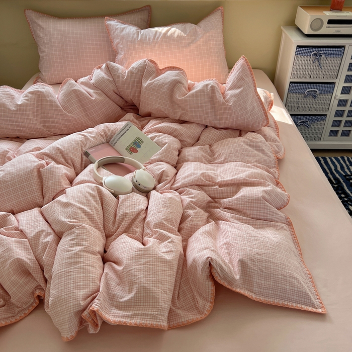 91家纺网 家纺一手货源 找家纺 XIWEN-希文家纺 2026新款40支全棉色织水洗棉贝壳边四件套 叙白-粉