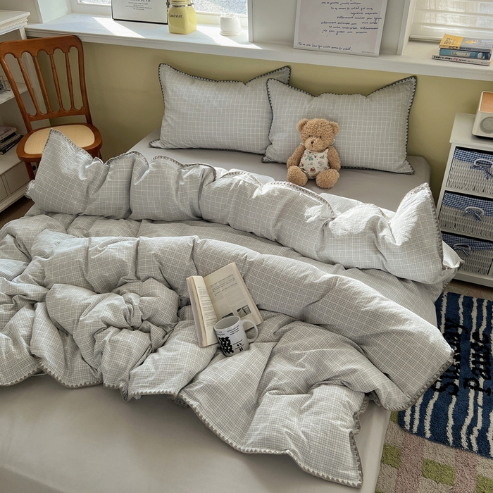 XIWEN-希文家纺 2026新款40支全棉色织水洗棉贝壳边四件套 叙白-灰