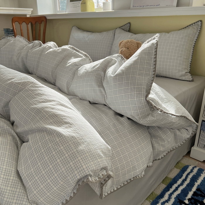 91家纺网 家纺一手货源 找家纺 XIWEN-希文家纺 2026新款40支全棉色织水洗棉贝壳边四件套 叙白-灰