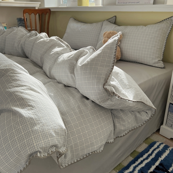 91家纺网 家纺一手货源 找家纺 XIWEN-希文家纺 2026新款40支全棉色织水洗棉贝壳边四件套 叙白-灰