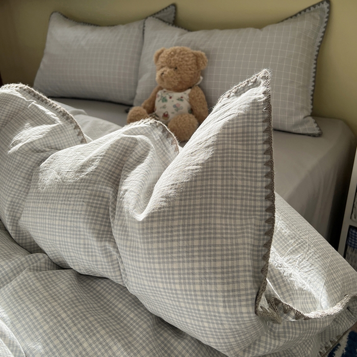 91家纺网 家纺一手货源 找家纺 XIWEN-希文家纺 2026新款40支全棉色织水洗棉贝壳边四件套 叙白-灰