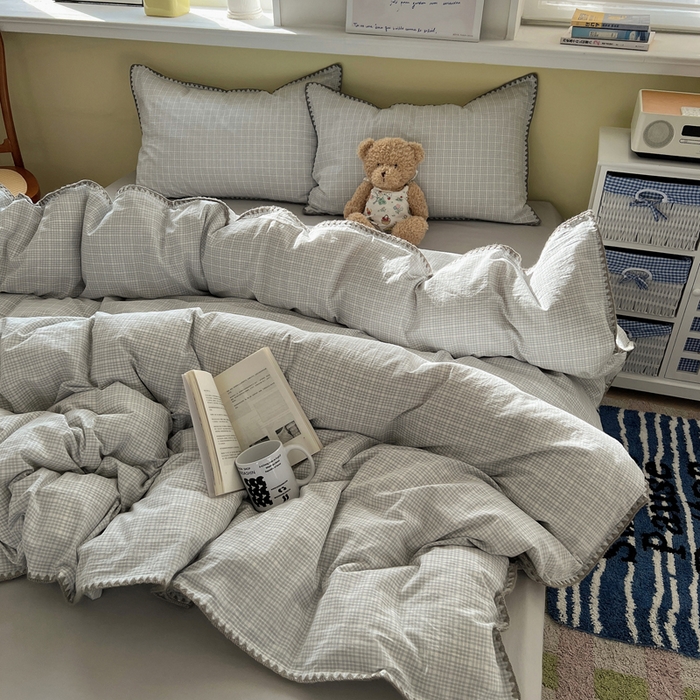 91家纺网 家纺一手货源 找家纺 XIWEN-希文家纺 2026新款40支全棉色织水洗棉贝壳边四件套 叙白-灰