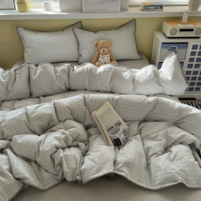 91家纺网 家纺一手货源 找家纺 XIWEN-希文家纺 2026新款40支全棉色织水洗棉贝壳边四件套 叙白-灰