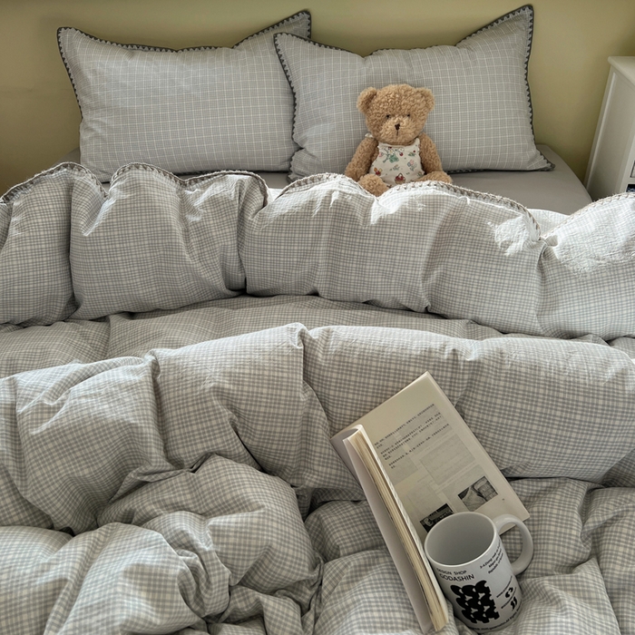 91家纺网 家纺一手货源 找家纺 XIWEN-希文家纺 2026新款40支全棉色织水洗棉贝壳边四件套 叙白-灰