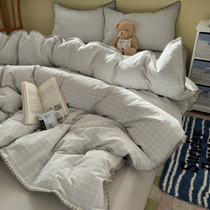 91家纺网 家纺一手货源 找家纺 XIWEN-希文家纺 2026新款40支全棉色织水洗棉贝壳边四件套 叙白-灰