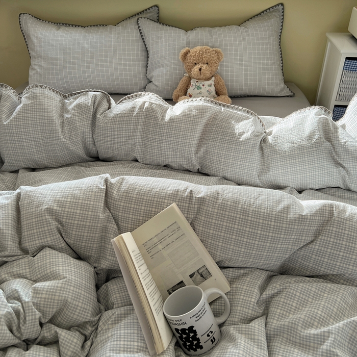 91家纺网 家纺一手货源 找家纺 XIWEN-希文家纺 2026新款40支全棉色织水洗棉贝壳边四件套 叙白-灰