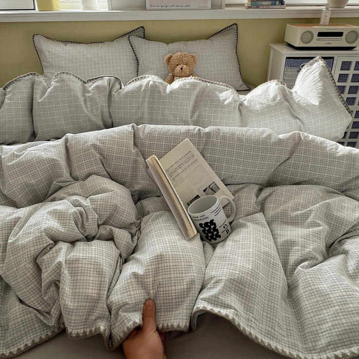 91家纺网 家纺一手货源 找家纺 XIWEN-希文家纺 2026新款40支全棉色织水洗棉贝壳边四件套 叙白-灰