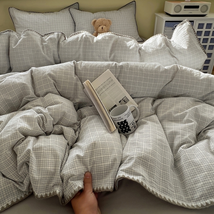 91家纺网 家纺一手货源 找家纺 XIWEN-希文家纺 2026新款40支全棉色织水洗棉贝壳边四件套 叙白-灰