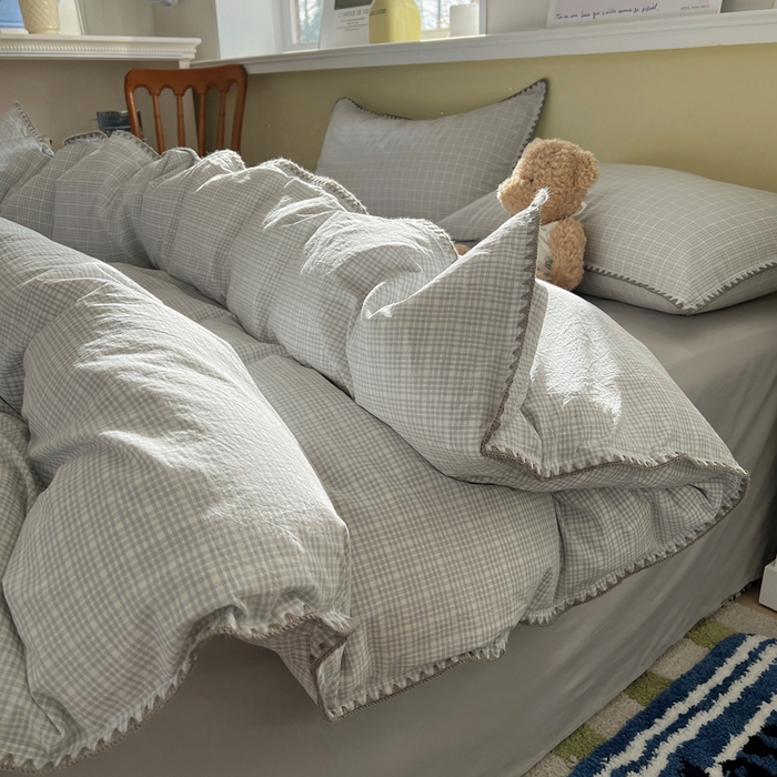 91家纺网 家纺一手货源 找家纺 XIWEN-希文家纺 2026新款40支全棉色织水洗棉贝壳边四件套 叙白-灰