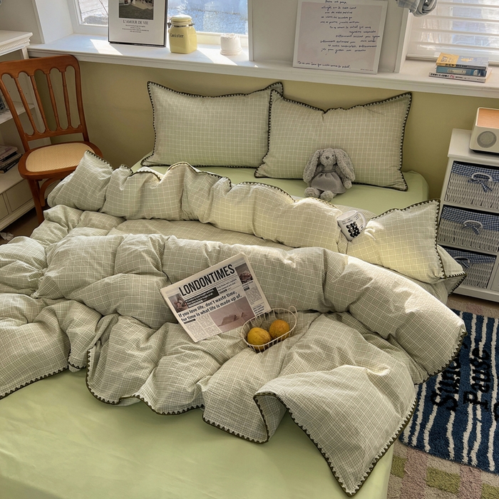 XIWEN-希文家纺 2026新款40支全棉色织水洗棉贝壳边四件套 叙白-绿