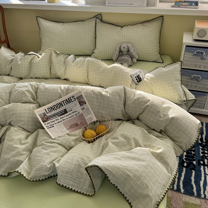 91家纺网 家纺一手货源 找家纺 XIWEN-希文家纺 2026新款40支全棉色织水洗棉贝壳边四件套 叙白-绿