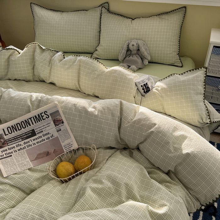 91家纺网 家纺一手货源 找家纺 XIWEN-希文家纺 2026新款40支全棉色织水洗棉贝壳边四件套 叙白-绿