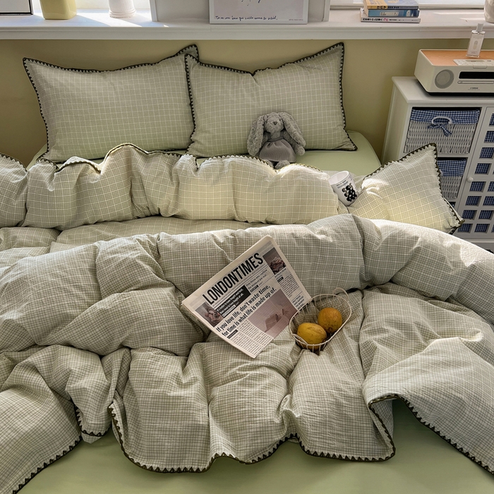 91家纺网 家纺一手货源 找家纺 XIWEN-希文家纺 2026新款40支全棉色织水洗棉贝壳边四件套 叙白-绿