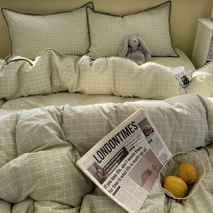 91家纺网 家纺一手货源 找家纺 XIWEN-希文家纺 2026新款40支全棉色织水洗棉贝壳边四件套 叙白-绿