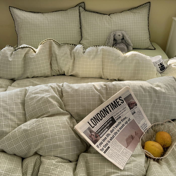 91家纺网 家纺一手货源 找家纺 XIWEN-希文家纺 2026新款40支全棉色织水洗棉贝壳边四件套 叙白-绿