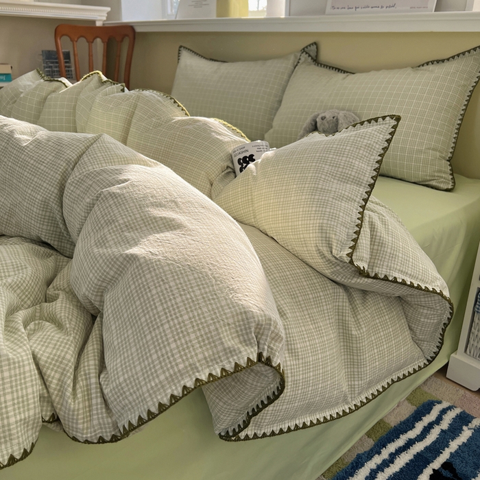 91家纺网 家纺一手货源 找家纺 XIWEN-希文家纺 2026新款40支全棉色织水洗棉贝壳边四件套 叙白-绿