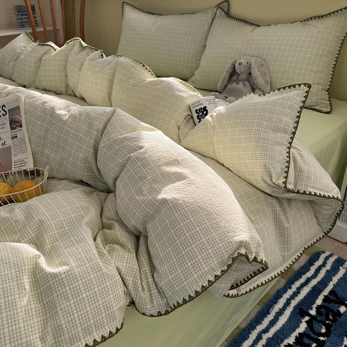 91家纺网 家纺一手货源 找家纺 XIWEN-希文家纺 2026新款40支全棉色织水洗棉贝壳边四件套 叙白-绿