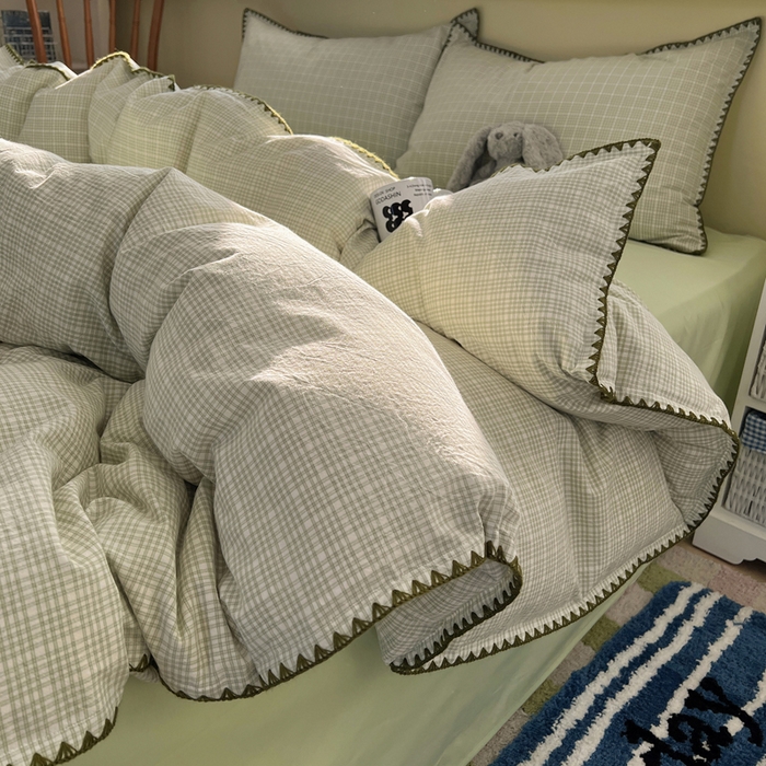 91家纺网 家纺一手货源 找家纺 XIWEN-希文家纺 2026新款40支全棉色织水洗棉贝壳边四件套 叙白-绿