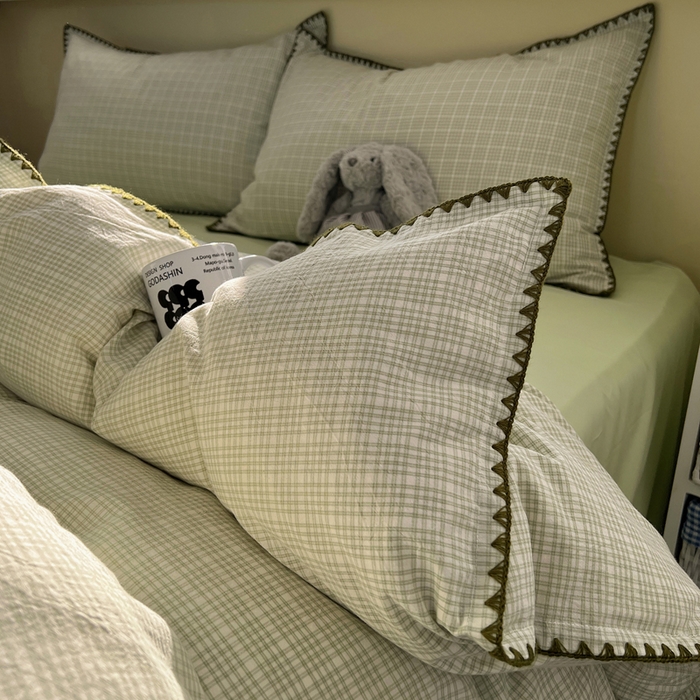 91家纺网 家纺一手货源 找家纺 XIWEN-希文家纺 2026新款40支全棉色织水洗棉贝壳边四件套 叙白-绿