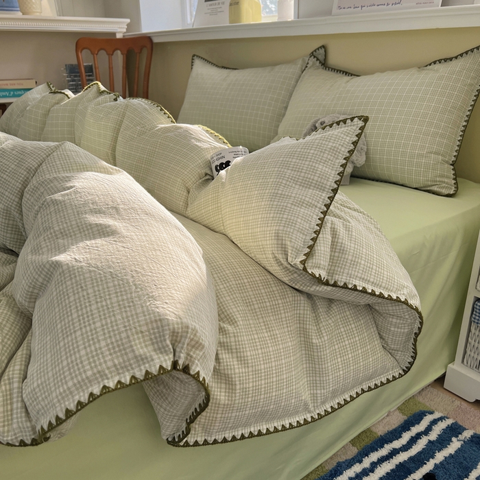 91家纺网 家纺一手货源 找家纺 XIWEN-希文家纺 2026新款40支全棉色织水洗棉贝壳边四件套 叙白-绿