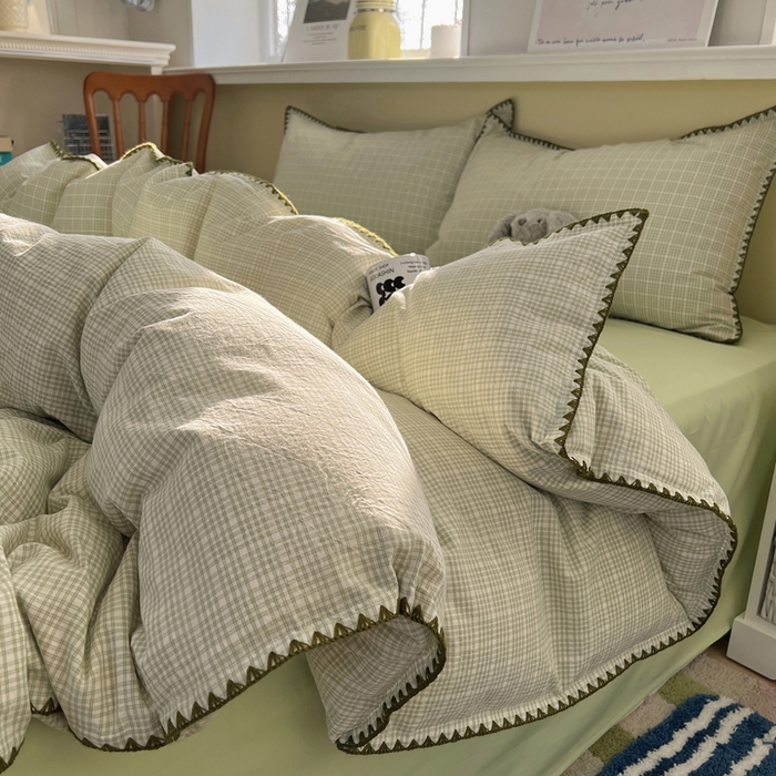 91家纺网 家纺一手货源 找家纺 XIWEN-希文家纺 2026新款40支全棉色织水洗棉贝壳边四件套 叙白-绿