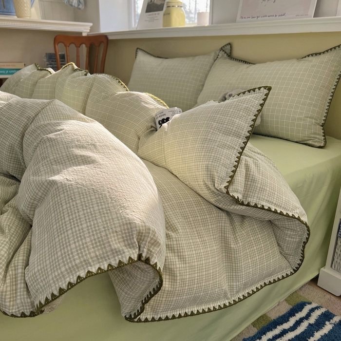 91家纺网 家纺一手货源 找家纺 XIWEN-希文家纺 2026新款40支全棉色织水洗棉贝壳边四件套 叙白-绿