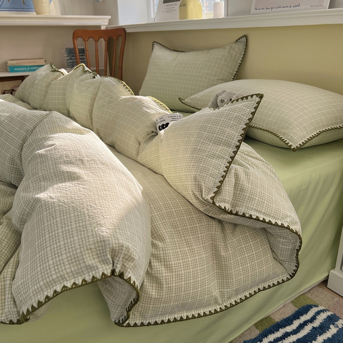 91家纺网 家纺一手货源 找家纺 XIWEN-希文家纺 2026新款40支全棉色织水洗棉贝壳边四件套 叙白-绿