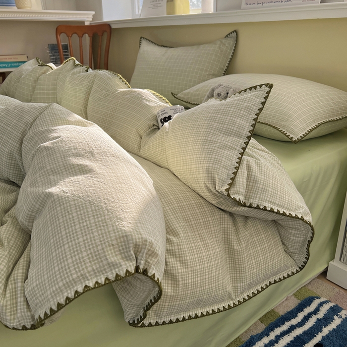 91家纺网 家纺一手货源 找家纺 XIWEN-希文家纺 2026新款40支全棉色织水洗棉贝壳边四件套 叙白-绿