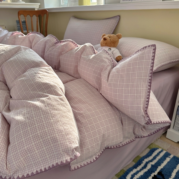 91家纺网 家纺一手货源 找家纺 XIWEN-希文家纺 2026新款40支全棉色织水洗棉贝壳边四件套 叙白-紫