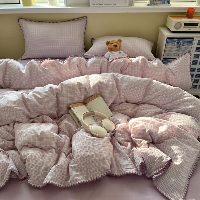 91家纺网 家纺一手货源 找家纺 XIWEN-希文家纺 2026新款40支全棉色织水洗棉贝壳边四件套 叙白-紫