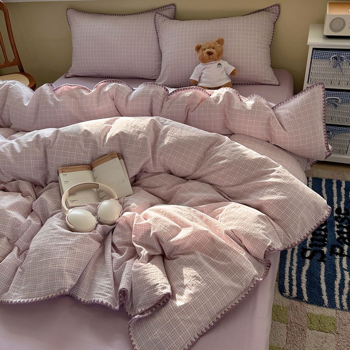 91家纺网 家纺一手货源 找家纺 XIWEN-希文家纺 2026新款40支全棉色织水洗棉贝壳边四件套 叙白-紫