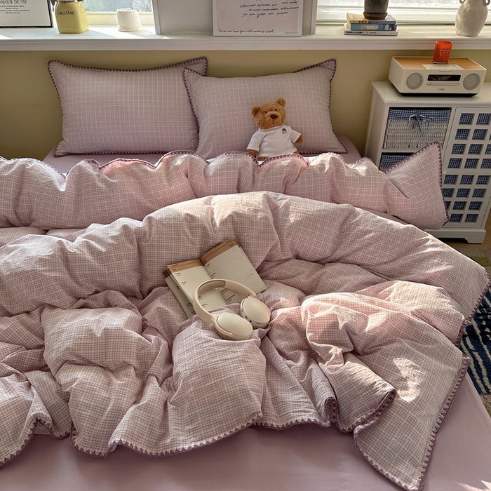 91家纺网 家纺一手货源 找家纺 XIWEN-希文家纺 2026新款40支全棉色织水洗棉贝壳边四件套 叙白-紫